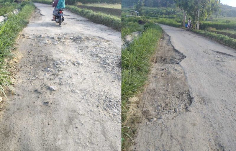 Potret ruas jalan yang rusak, akses penghubung desa Bragung-Prancak yang rusak parah bertahun-tahun. (Foto: Doc. TimesIN).