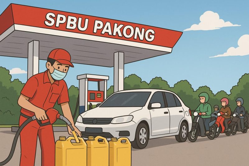 Praktik pengisian BBM ke jerigen di SPBU Pakong di keluhkan warga. (Ilustrasi by AI).