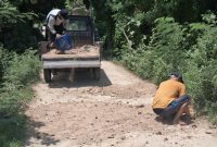 Foto: Di tengah minimnya respons pemerintah, warga Banbaru Giliraja bergotong royong memperbaiki akses jalan utama yang sudah lama rusak.