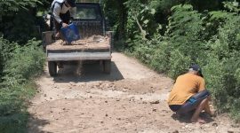 Foto: Di tengah minimnya respons pemerintah, warga Banbaru Giliraja bergotong royong memperbaiki akses jalan utama yang sudah lama rusak.