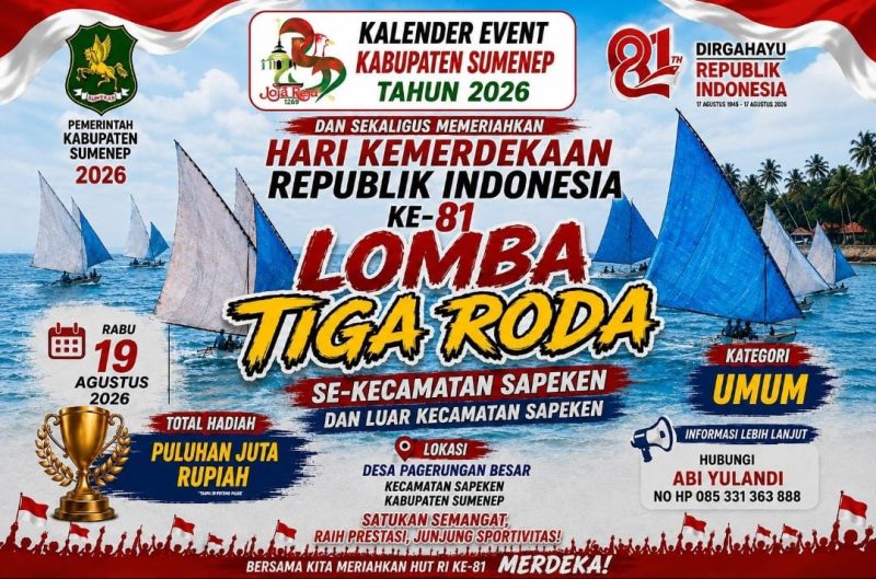 Foto: Poster resmi lomba perahu layar tradisional Tiga Roda yang akan digelar di Desa Pagerungan Besar, Kecamatan Sapeken, pada 19 Agustus 2026 dalam rangka memeriahkan HUT ke-81 Republik Indonesia dan Kalender Event Kabupaten Sumenep 2026.