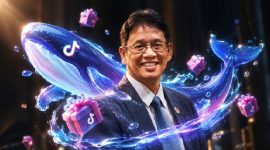 Keterangan ilustrasi:
Ilustrasi Purbaya Yudhi Sadewa dengan visualisasi hadiah virtual TikTok sebagai elemen grafis untuk menggambarkan fenomena saweran dalam siaran langsung TikTok.